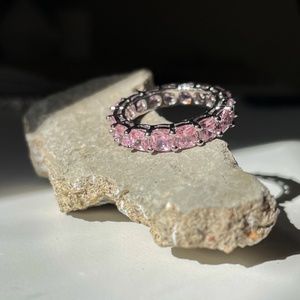 Waterproof Pink Diamond Ring With Silver Band